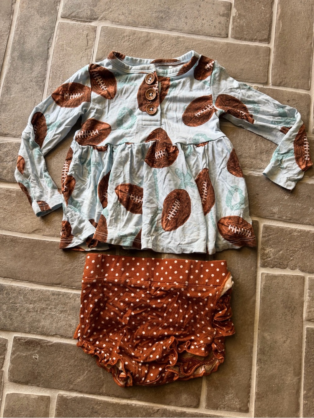 Posh Peanut Baby Football Print Long Sleeve dress with ruffly butt Bloomers